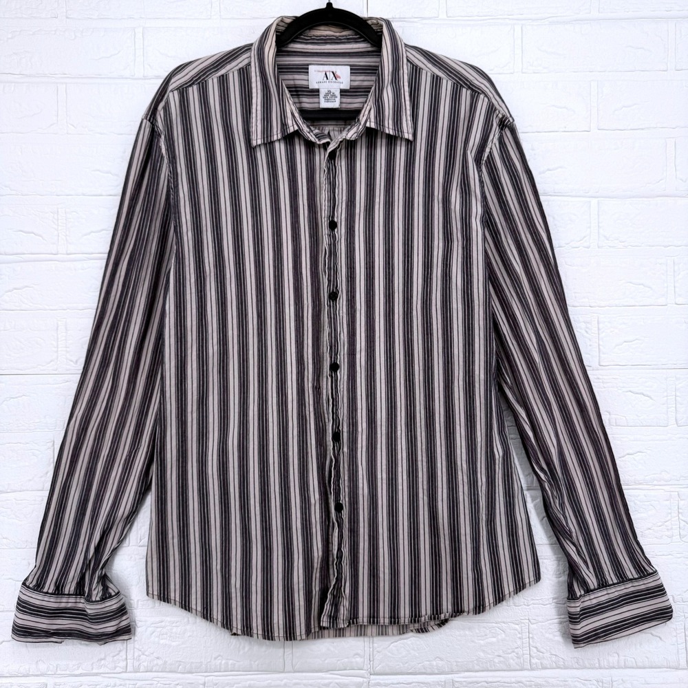 Armani Exchange Button Down Shirt Mens XL Gray Black Striped Long Sleeve